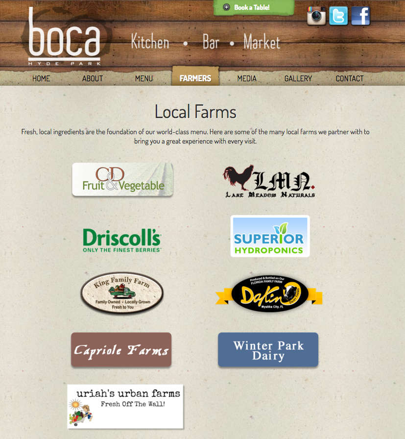 Boca’s web site listing several local farms as suppliers