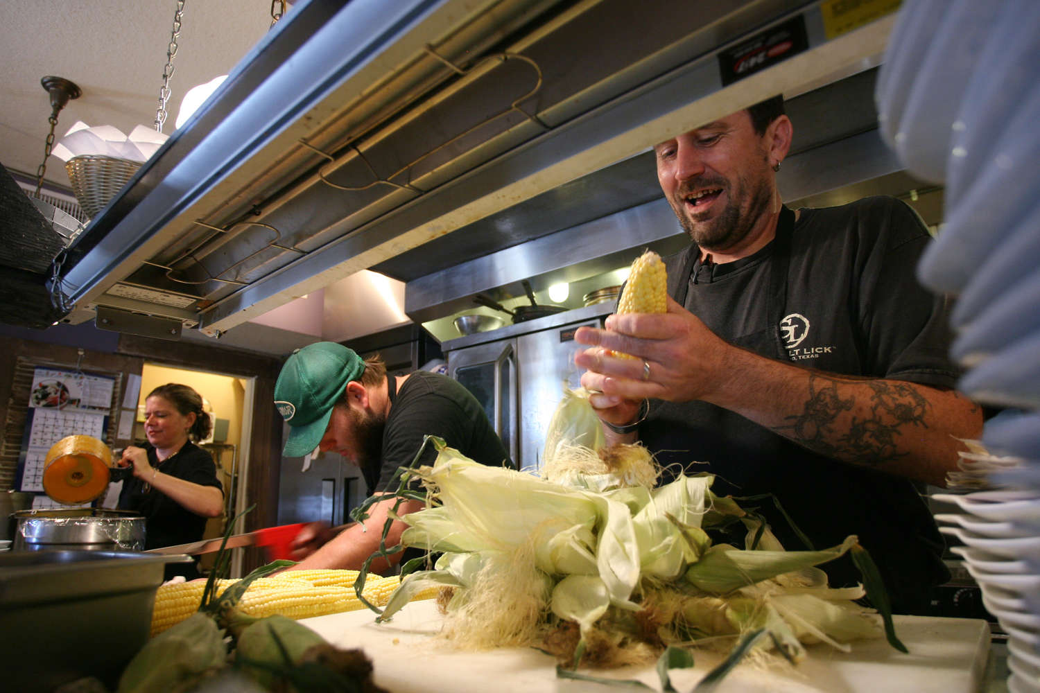 Preparing food in a restaurant kitchen