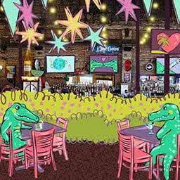 Now the bar is full of green plant life. Two alligators gaze longingly at each other from socially-distanced tables.