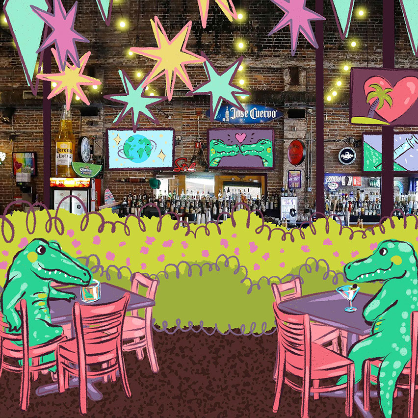 Now the bar is full of green plant life. Two alligators gaze longingly at each other from socially-distanced tables.