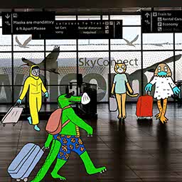 Now there is a sign about keeping a six-foot distance above multiple colorful animals rolling their luggage. All are wearing masks or personal protection equipment.
