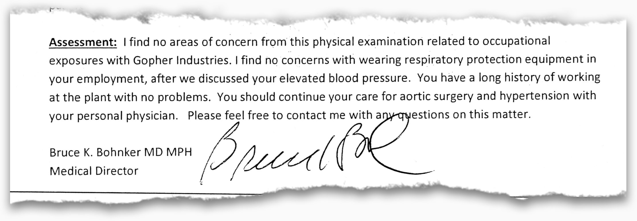 Part of a doctor's typed assessment of a Gopher employee's health.